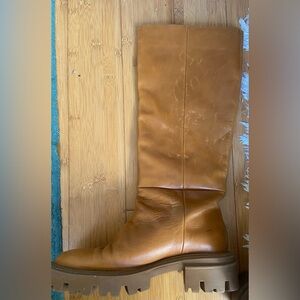 Zara Tan Cognac Brown Lug Sole Knee High Leather Boots 38